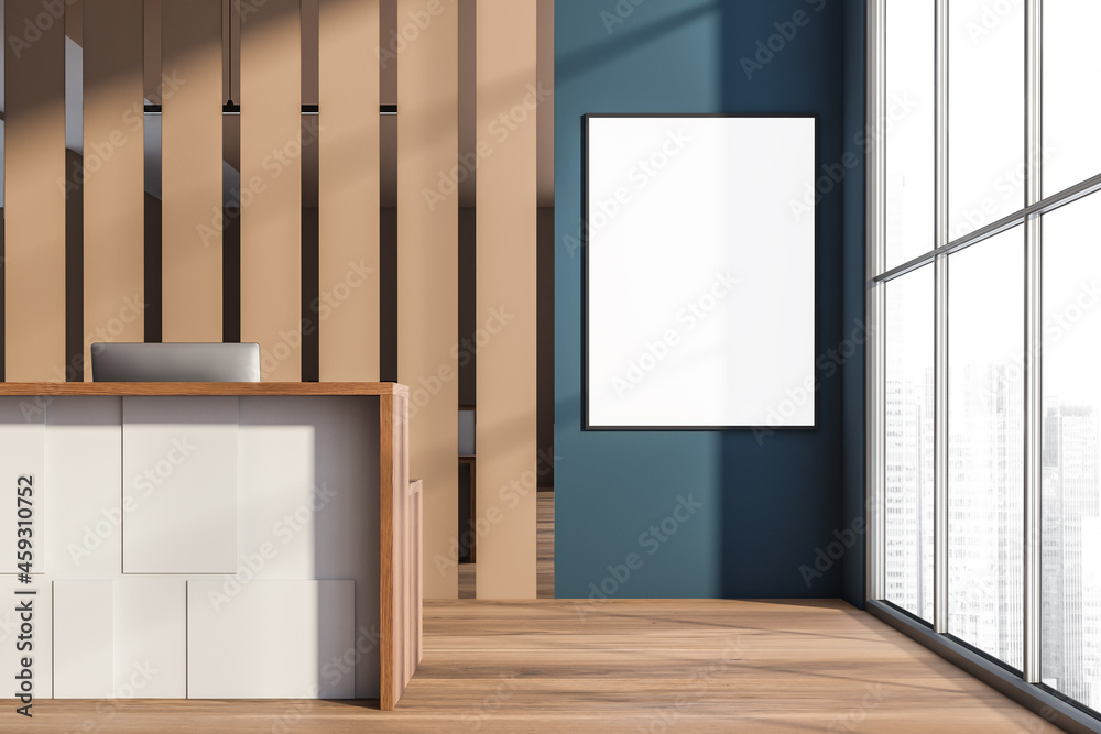 Bright office room interior with empty white poster, panoramic window Bright office room interior with empty white poster, panoramic window