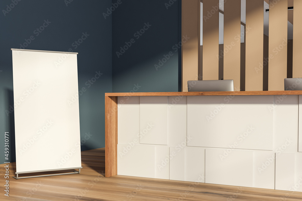 Bright office room interior with empty white roll up banner Bright office room interior with empty white roll up banner