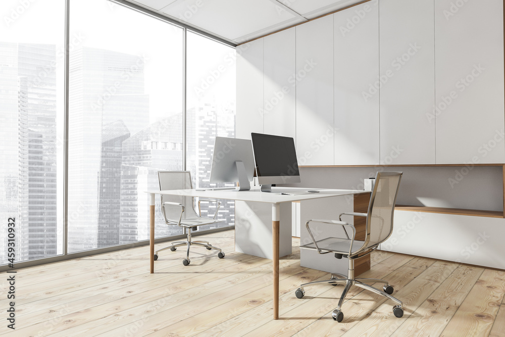Fototapeta premium Panoramic white office area with stylish workplace