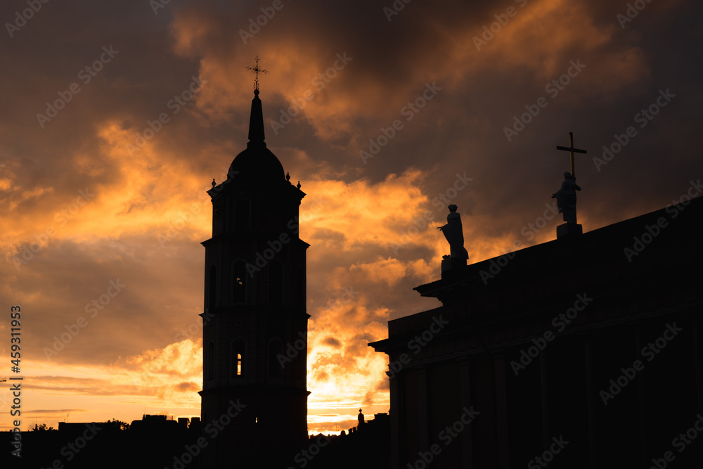 Vilnius Cathedral silhouette at sunset in the summer, amazing baltic city in Lithuania, Europe