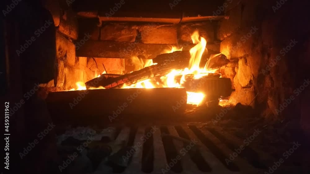 Bright Fire Blazing In Stove, Close Up Indoor Hot Flame On The Firewood