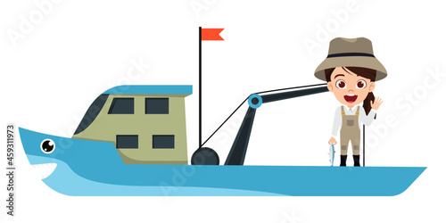 Cute happy kid girl fisherwoman character standing on fishing boat and holding fish