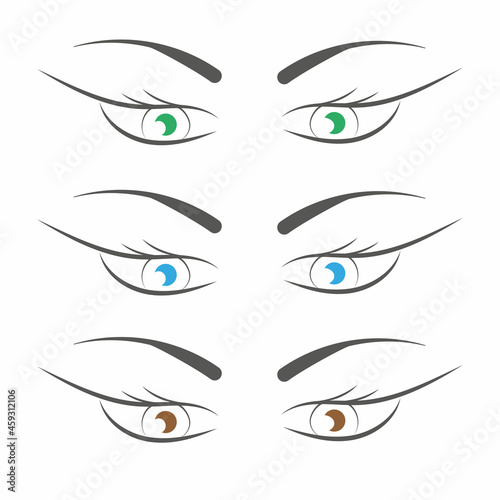 Set of women's green, blue, brown eyes with eyebrows, eyelashes, isolated on white background. Beauty concept vector illustration