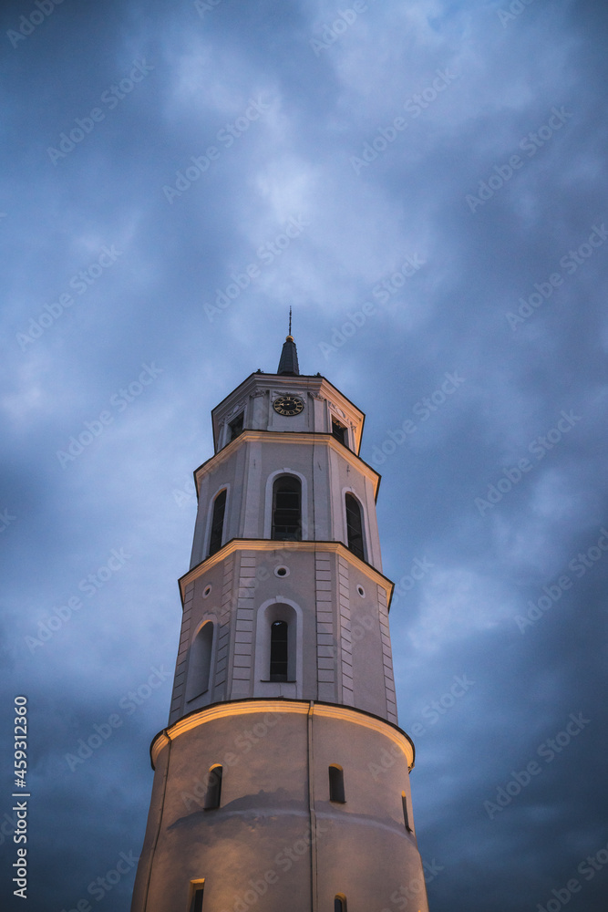 Cathedral Square in the center of Vilnius, tower seen on a cloudy sky, Lithuania, Europe