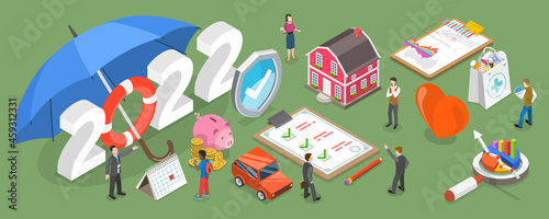 3D Isometric Flat Vector Conceptual Illustration of Insurance Resolutions for New 2022 Year, Family Health Insurance Plans
