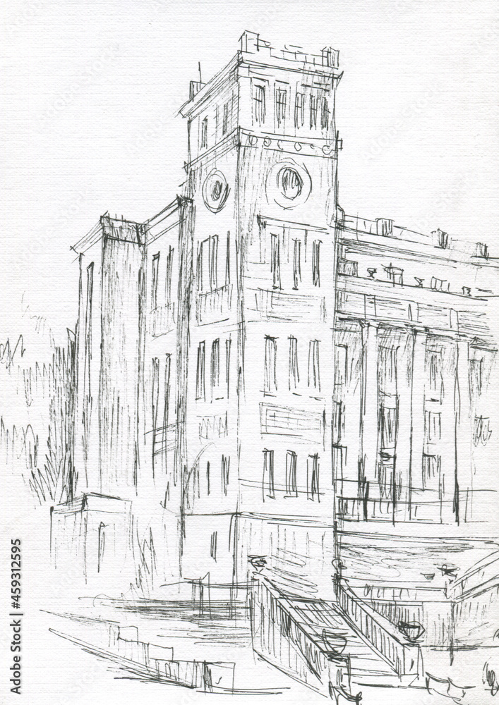 old building with a tower and stairs on the street sketch 