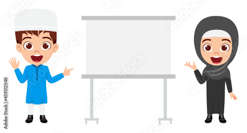 Happy cute kid boy and girl character wearing Arab Muslim businessman outfits isolated and pointing to blank placard board 