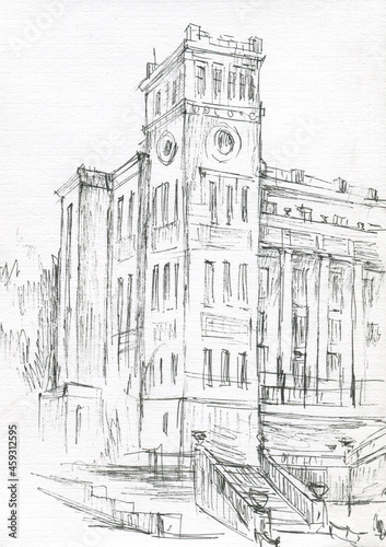 old building with a tower and stairs on the street sketch 