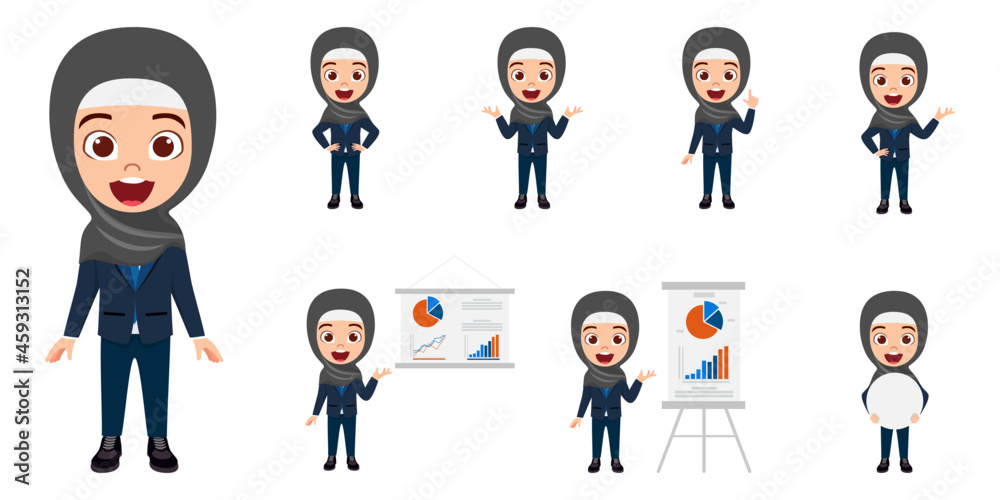 Happy Muslim Arab kid girl businesswoman character standing and doing different action with presentation board placard sale graph
