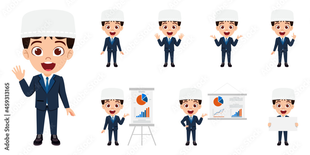 Happy Muslim Arab kid boy businessman character standing and doing different action with presentation board placard cheerful Happy Muslim Arab kid boy businessman character standing and doing different action with presentation board placard cheerful