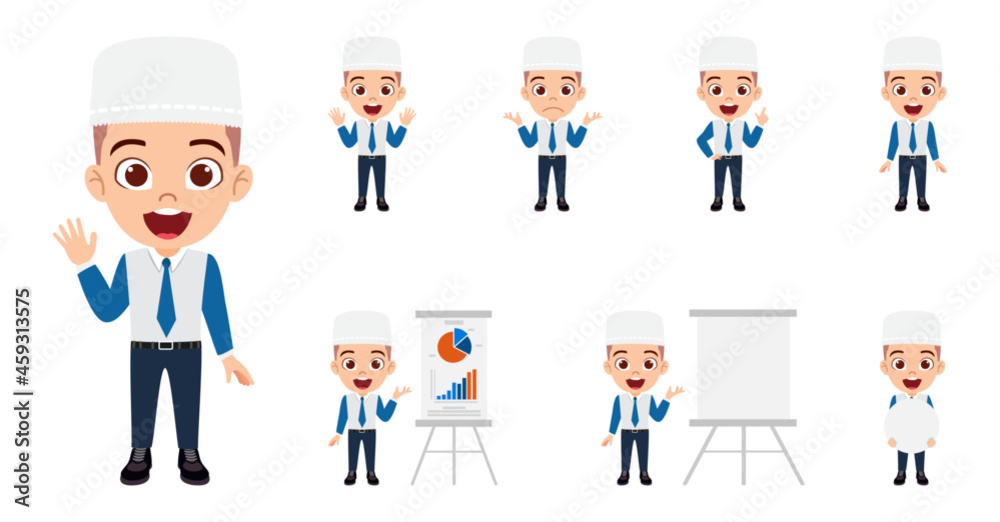 Happy Muslim Arab kid boy businessman character standing and doing different action with presentation board placard graph
