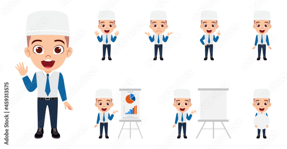 Happy Muslim Arab kid boy businessman character standing and doing different action with presentation board placard graph Happy Muslim Arab kid boy businessman character standing and doing different action with presentation board placard graph