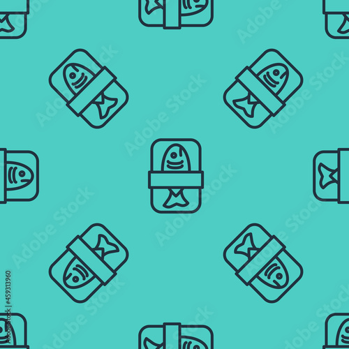 Black line Fish plastic tray container with cellophane cover icon isolated seamless pattern on green background. Vector