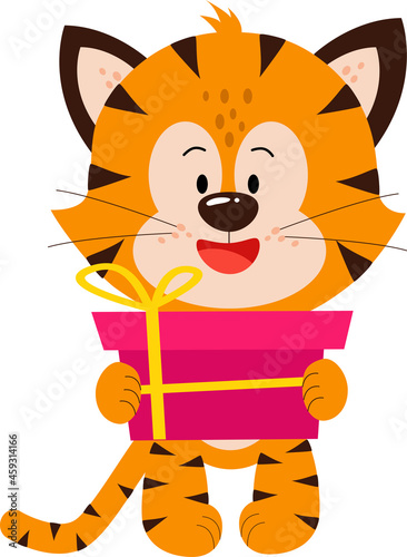 Fototapeta Naklejka Na Ścianę i Meble -  A gift in the hands of a tiger. Cute tiger. The muzzle of a tiger cub with brown stripes, the symbol of the new year 2022 on a white background.