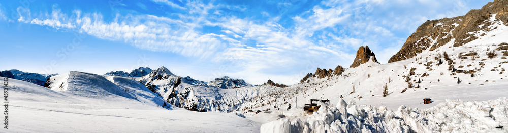 Panorama Winter landscape of Passo Giau, Dolomites, Italy
