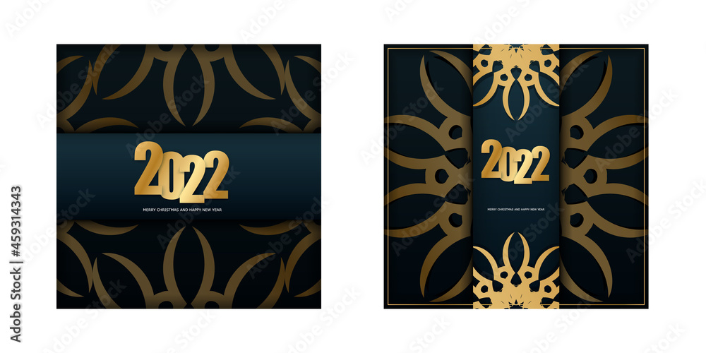Template Greeting Flyer 2022 Happy New Year Dark blue with vintage gold pattern