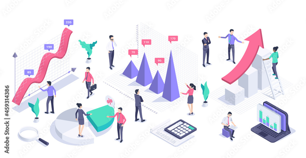 isometric vector illustration on a white background, men and women in business clothes working with data near various charts, processing statistical information - obrazy, fototapety, plakaty 
