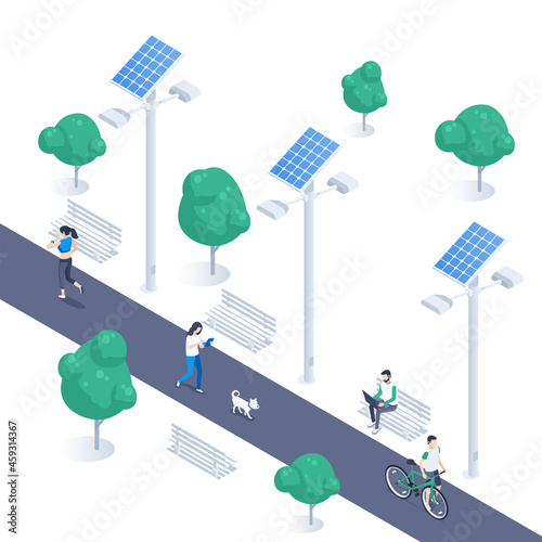 isometric vector illustration on white background, lamppost with solar battery  in the park, people with gadgets rest in nature, green energy
