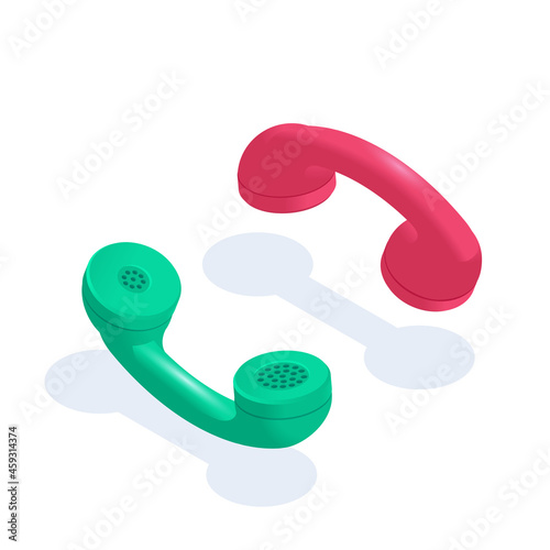isometric vector illustration isolated on white background, green and red phone receiver, make a call or end a call