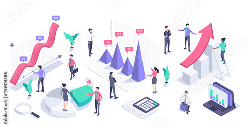 isometric vector illustration on a white background, men and women in business clothes working with data near various charts, processing statistical information