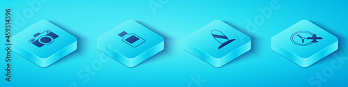 Set Isometric Photo camera, Whiskey bottle, Clock with airplane and Surfboard icon. Vector