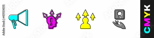 Set Megaphone, Project team base, Front end development and Light bulb icon. Vector