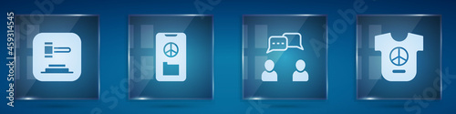 Set Judge gavel, Peace, Speech bubble chat and . Square glass panels. Vector