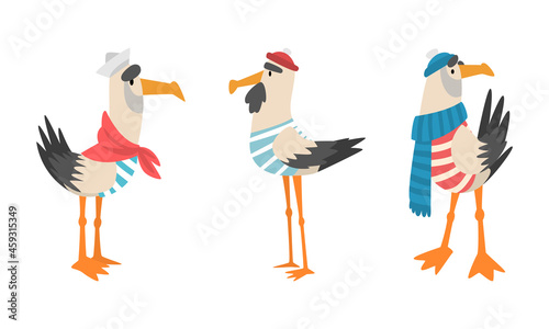 Seagull Sailor Character in Striped Vest and Hat Vector Set