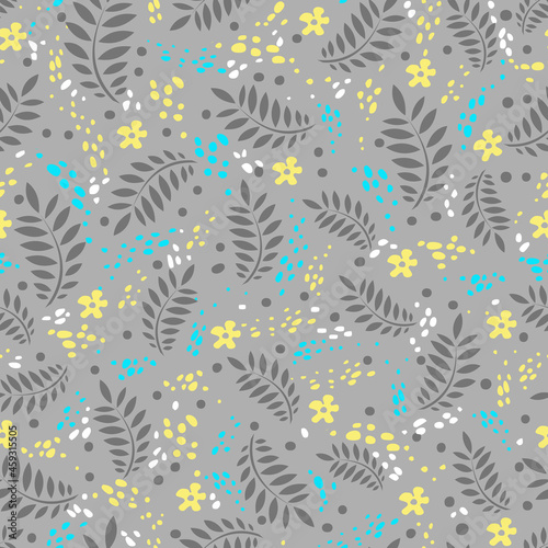 Seamless elegant pattern with small leaves and flowers. Turquoise, yellow and white flowers, on a gray background. Floral small print. Botanical decor. Flat vector.