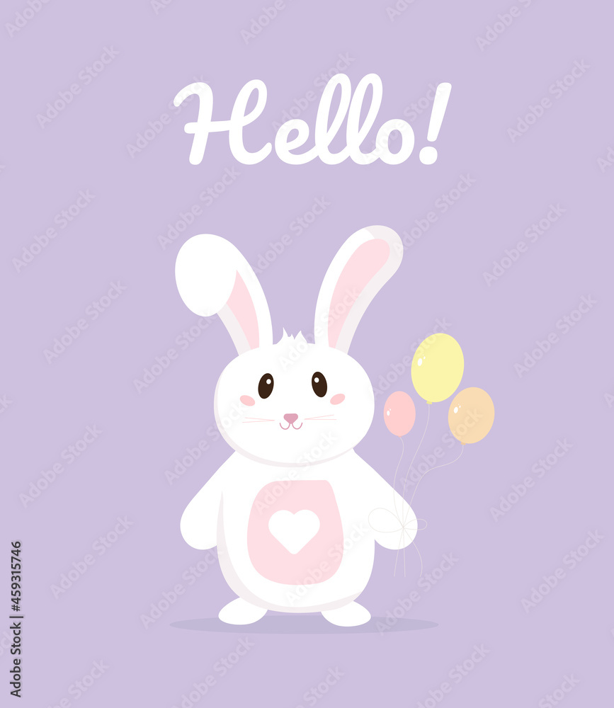 Hello lettering. Postcard. Cute rabbit with balloons. Cartoon style.