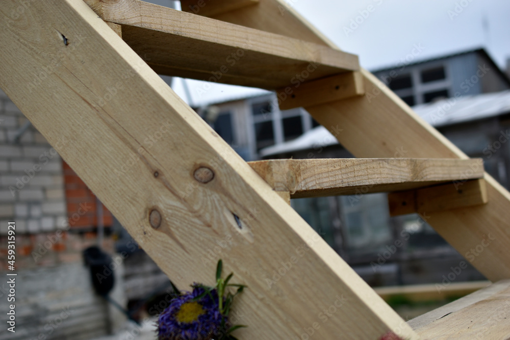 Wooden staircase at the garden house in flowers Wooden staircase at the garden house in flowers