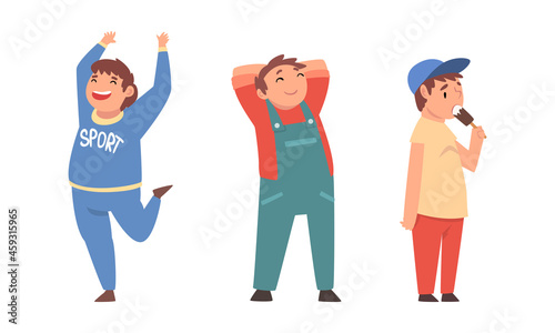Cheerful Boy with Overweight and Body Fat Eating Ice Cream and Cheering Vector Set