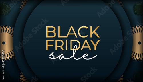 Poster for black friday in blue with vintage gold ornament