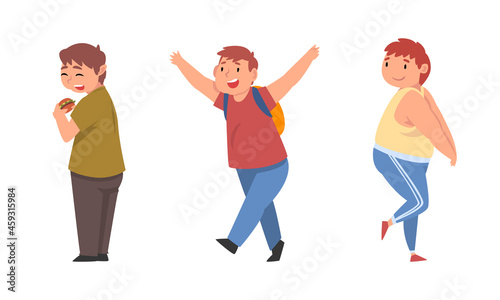 Cheerful Boy with Overweight and Body Fat Eating Hamburger and Walking with Backpack Vector Set