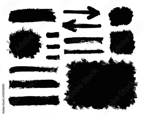 Set of hand drawn arrows and stains. Vector elements for infographic. Black texture objects on white background