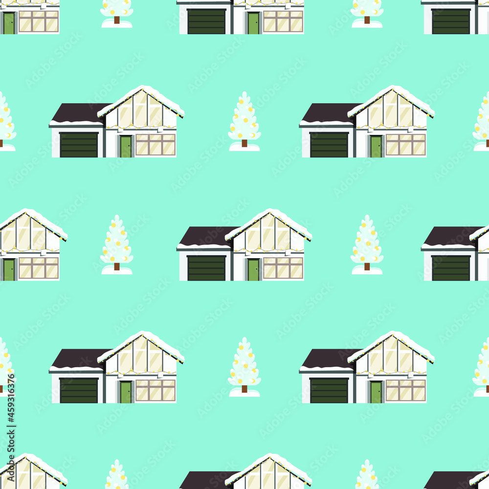 Vector illustration pattern. Winter house with a Christmas tree Vector illustration pattern. Winter house with a Christmas tree