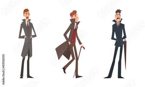 Victorian Gentleman in Elegant Suit with Respectful Manner Standing Vector Set