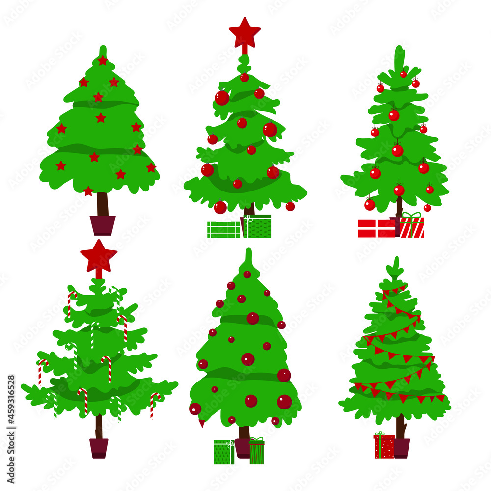 Vector illustration. Set of Christmas trees with gifts and decorations