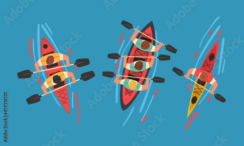 Man Rafting on Inflatable Raft with Paddle or Oar Above View Vector Set