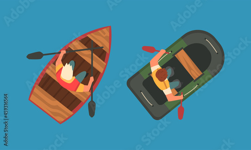 Man Rowing Boat with Paddle or Oar Drifting on Blue Surface of Water Above View Vector Set