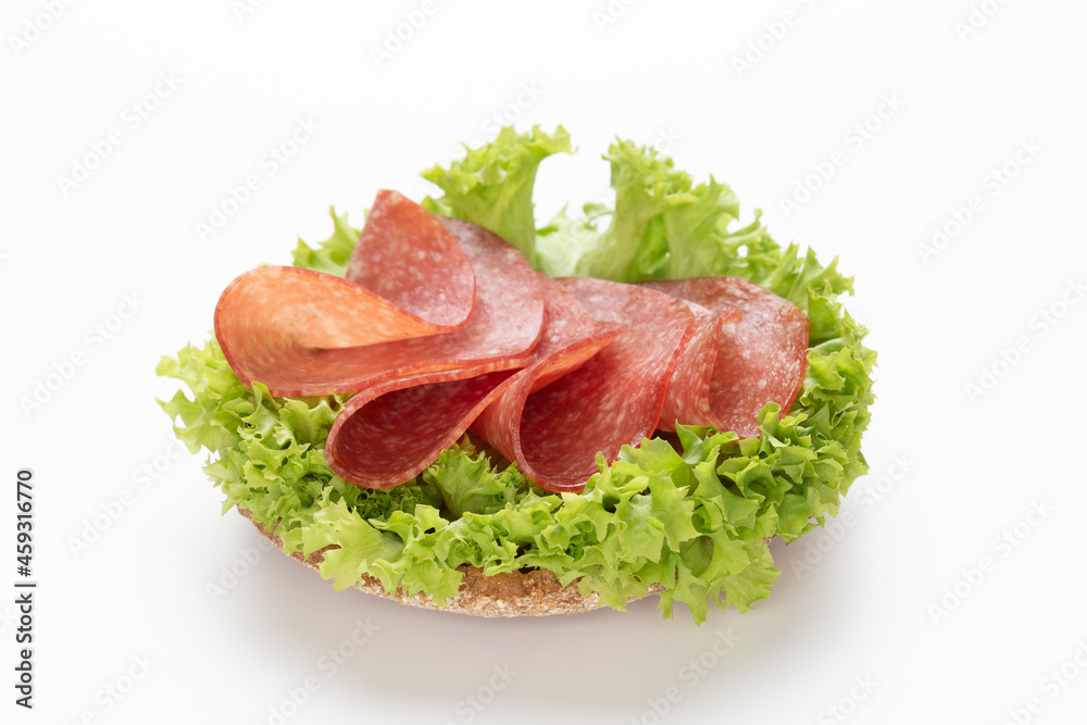 Sandwich with salami sausage on white background.