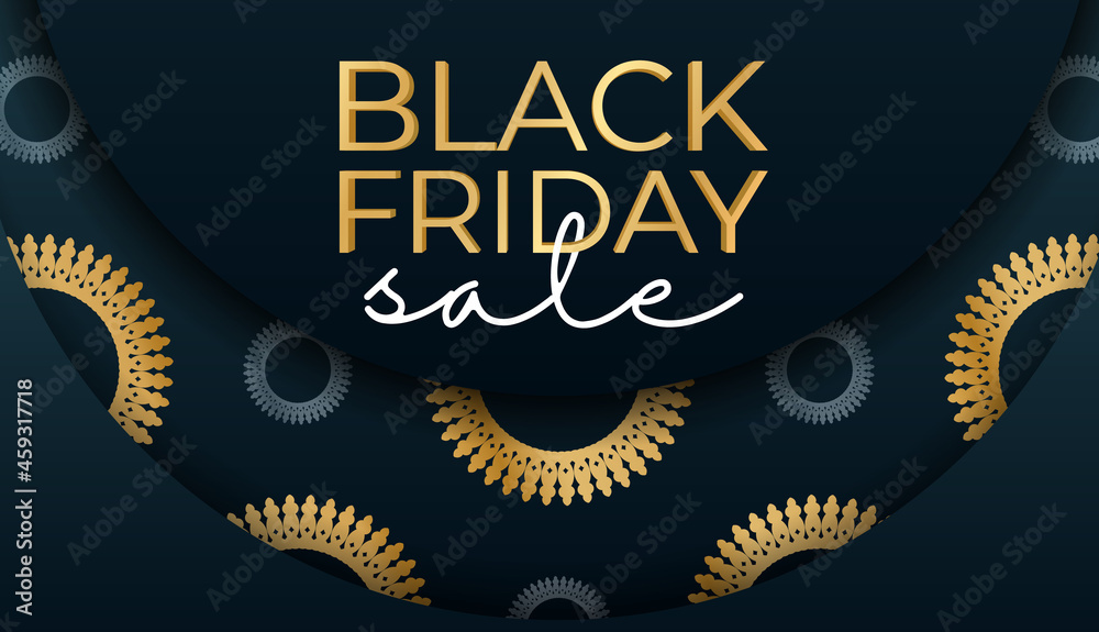Fototapeta premium Blue Black Friday Sale Baner with Vintage Gold Pattern