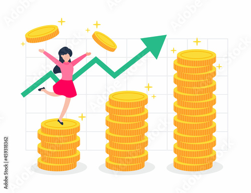 A woman stands on stack of golden money coins with positive graph. Creative finance concept of investment, rich or wealth. Trendy cute cartoon vector illustration. Flat style graphic design element.