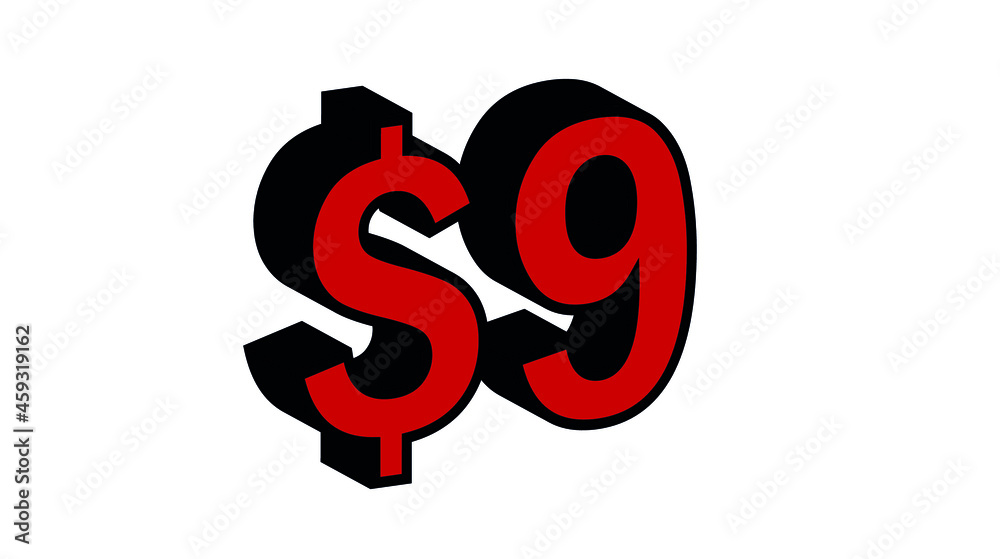 Save 9 Dollar - $9 3D red Price Symbol Offer