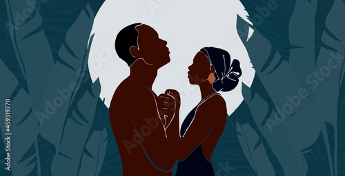 Set of profile portrait african american woman and man. People stands in jungle with large tropical monstera leaf, palm leaves. Dark blue night with moon in the jungle. Vector background. Flat style.