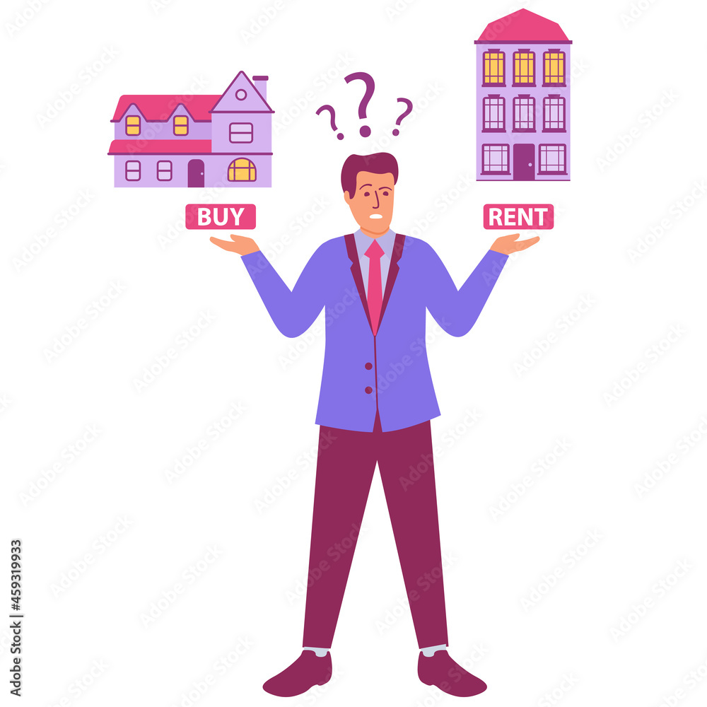 Realtor renting or buying real estate.Suburban house or apartment.A person thinks and chooses housing.Vector flat illustration.Isolated on white background. Realtor renting or buying real estate.Suburban house or apartment.A person thinks and chooses housing.Vector flat illustration.Isolated on white background.