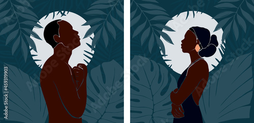 Set of profile portrait african american woman and man. People stands in jungle with large tropical monstera leaf, palm leaves. Dark blue night with moon in the jungle. Vector background. Flat style.