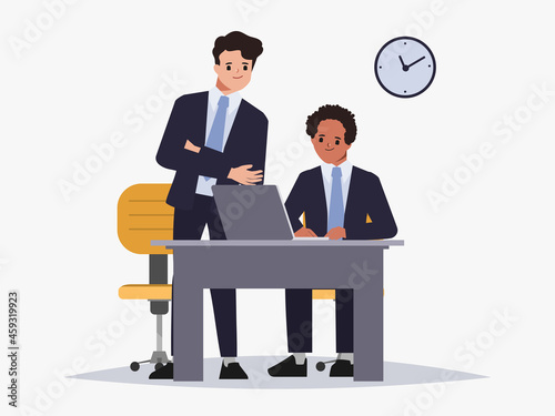 Businessman Brainstorming teamwork character. Co-working space office interior.