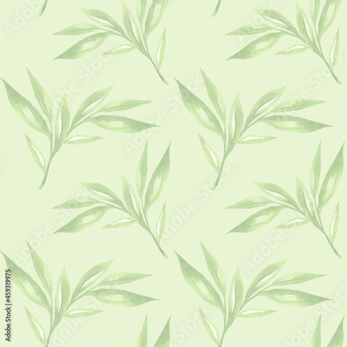 Fototapeta Naklejka Na Ścianę i Meble -  Floral background with green leaves watercolour in hand drawn style. Green leaves seamless pattern on green. Foliage  background for paper, textile, wrapping and wallpaper.