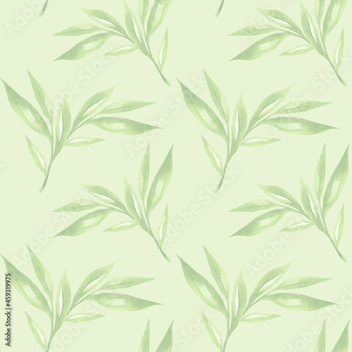 Floral background with green leaves watercolour in hand drawn style. Green leaves seamless pattern on green. Foliage background for paper, textile, wrapping and wallpaper.